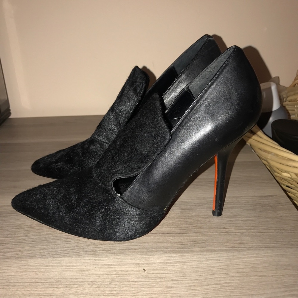 Black leather ponyhair heels
